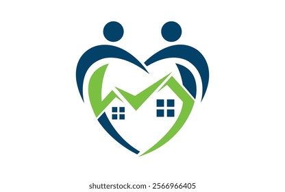 heart with a green heart and home on  the word love logo design