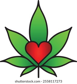 Heart with green leaf vector illustration, green leaf with a heart logo