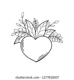 Heart with green leaves. Symbol of love and life, ecology. Vector in doodle style. Template for Valentine day. Coloring book