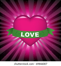 Heart With Green Tape And Beams, Vector Illustration