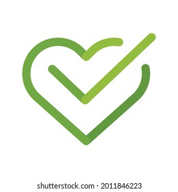 Heart with green tick. Love, pure, natural. Badge of quality. Flat icon. Abstract sign. Vector file.