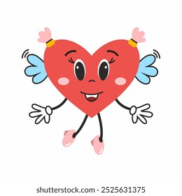 Heart of groove with wings. Retro sticker for Valentine's Day on February 14th. A cute character for birthday greetings.