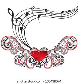 Heart in grunge style with musical notes and treble clef