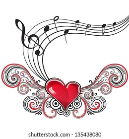 Heart in grunge style with musical notes and treble clef