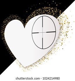 Heart At Gunpoint, Holiday Card with Gold Glittering Star Dust Heart, Golden Sparkles on Black and White Background