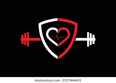 Heart gym and fitness logo with shield, gym and fitness design icon emblem illustration.