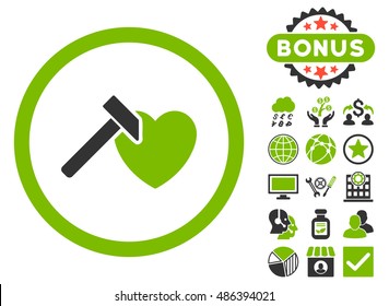 Heart Hammer icon with bonus elements. Vector illustration style is flat iconic bicolor symbols, eco green and gray colors, white background.