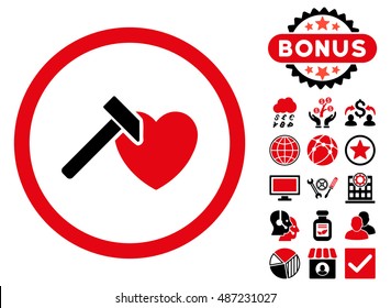 Heart Hammer icon with bonus pictogram. Vector illustration style is flat iconic bicolor symbols, intensive red and black colors, white background.