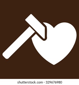 Heart Hammer vector icon. Style is flat symbol, white color, rounded angles, brown background.