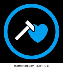 Heart Hammer vector icon. Style is bicolor flat rounded symbol, blue and white colors, rounded angles, black background.