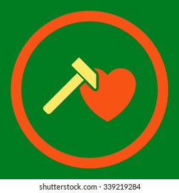 Heart Hammer vector icon. Style is bicolor flat rounded symbol, orange and yellow colors, rounded angles, green background.