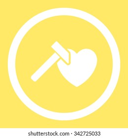 Heart Hammer vector icon. Style is flat rounded symbol, white color, rounded angles, yellow background.