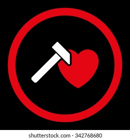 Heart Hammer vector icon. Style is bicolor flat rounded symbol, red and white colors, rounded angles, black background.