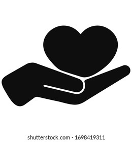 Heart in hand black vector icon isolated on white background. Organ donation, save lives and people support concept. Flat simple design illustration for apps, logo and website. Hand holding heart.