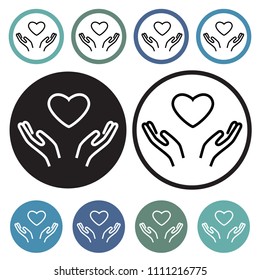 Heart in hand. Charity and donation outline icons collection. Vector illustration.