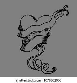 A heart is a hand drawing. Vector illustration of a heart with ribbon on isolated background.