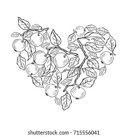 Heart with hand drawn apples. Design element. Isolated on black background. Vector.