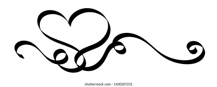 Heart Hand Drawn Calligraphy Ribbon on White background lettering, continuous one line drawing curved band For Holiday Design element valentine. web, wedding and print - Vector