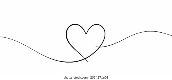 Heart hand drawn. Heart continuous line drawing. Single contour heart for love design. Single lineart sketch heart. Symbol love. Simplicity sign isolated on white background. Vector illustration