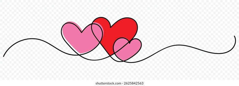 Heart hand drawn continuous line drawing. Valentines day banner, wedding card template. Red, pink heart icon. One line draw vector illustration.