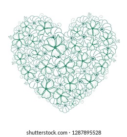 Heart of hand drawn delicate doodle white,green and blue flowers and grass. Vector illustration for posters, stickers, print on t-shirts, mug print, decoration for greeting cards,planners and more