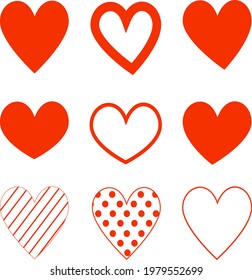 Heart hand drawn different red icons set, collection of hearts. Love symbols. Vector illustration.