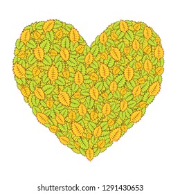 Heart of hand drawn doodle green and yellow leaves. Vector illustration for posters, stickers, print on t-shirts, mug print, decoration for greeting cards,planners and more