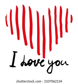 Heart hand drawn doodle, sketch, text I love you lettering, red color, vector
