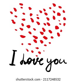 Heart hand drawn doodle, sketch, text I love you lettering, red color, vector
