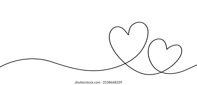 Heart hand drawn. Double Heart continuous line drawing. Single contour heart for love design. Lineart sketch heart. Love Sign Symbol icon logo isolated on white background. Vector Illustration