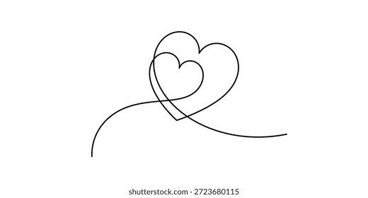 Handgezeichnetes Herz. Doppel Herz durchgehende Linie Zeichnung. Herz mit einer Kontur für Liebesdesign. Lineart Skizze Herz. Logo des Love Sign Symbol einzeln auf weißem Hintergrund. Vektorgrafik