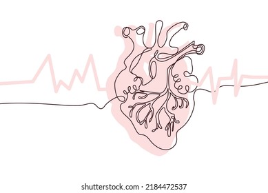 Dibujo continuo del icono de la Mano del Corazón y silueta plana rosa. Órganos humanos. Concepto de moda en medicina Diseño de una sola línea. Dibujo de imagen simple en blanco y negro Vector