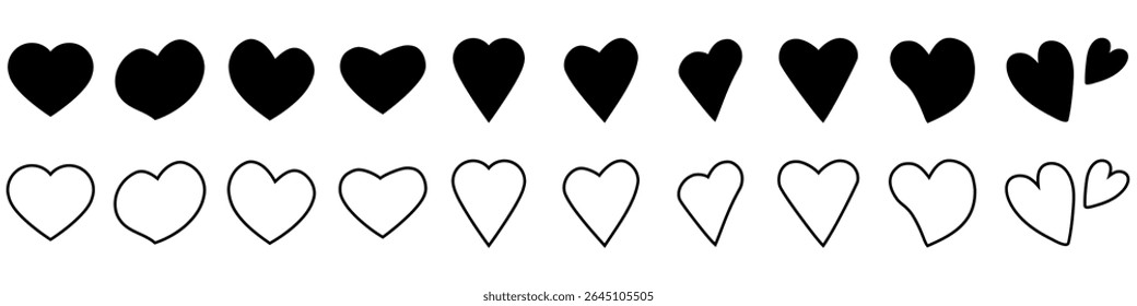 Coração mão desenhada ícone vetor conjunto. coleção de sinais de ilustração de amor. romance símbolo. Ícones românticos da web.