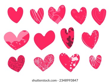 Heart hand drawn icons isolated on white background. For postcard, poster and Valentine's Day. Set of hearts with textures
