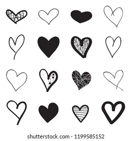 Heart hand drawn icons set isolated on white background. Hearts for web site, poster,placard,wallpaper and Valentine's day. Collection of hearts, creative art, modern concept. Vector illustration