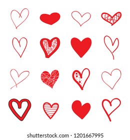 Heart hand drawn icons set isolated on white background. Hearts for web site, poster,placard,wallpaper and Valentine's day. Collection of hearts, creative art, modern concept. Vector illustration