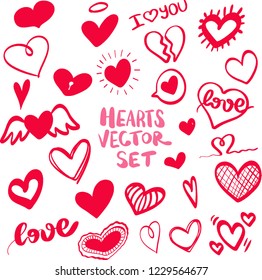 Heart hand drawn icons set isolated on white background. Hearts for web site, poster,wallpaper and Valentine's day. Collection of hearts, creative art, modern concept. Vector illustration, love symbol