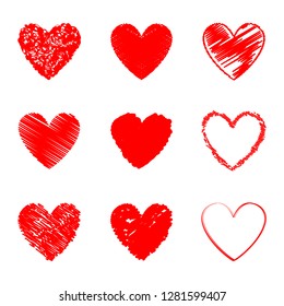 Heart hand drawn icons set isolated on white background. Collection of hearts for web site, sticker, love logo, label and Valentine's day. Creative art design, modern concept. Vector illustration