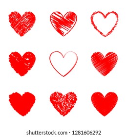 Heart hand drawn icons set isolated on white background. Collection of hearts for web site, sticker, love logo, label and Valentine's day. Creative art design, modern concept. Vector illustration