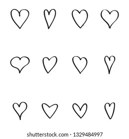 Heart hand drawn icons set isolated on white background. Hearts hand drawn for love symbol, wallpaper and Valentine's day. Collection of hearts, creative art, modern concept. Vector illustration