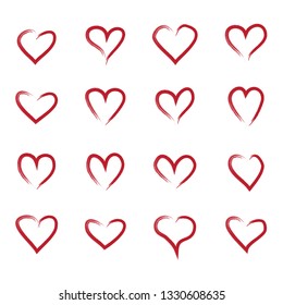 Heart hand drawn icons set isolated on white background. Red hearts hand drawn for love symbol, wallpaper and Valentine's day. Collection of hearts, creative art, modern concept. Vector illustration