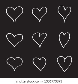 Heart hand drawn icons set isolated on black background. White hearts hand drawn for love symbol, wallpaper and Valentine's day. Collection of hearts, creative art, modern concept. Vector illustration