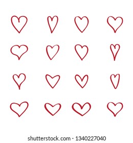 Heart hand drawn icons set isolated on white background. Red hearts hand drawn for love symbol, wallpaper and Valentine's day. Collection of hearts, creative art, modern concept. Vector illustration