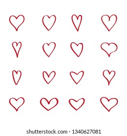 Heart hand drawn icons set isolated on white background. Red hearts hand drawn for love symbol, wallpaper and Valentine's day. Collection of hearts, creative art, modern concept. Vector illustration