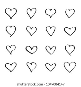 Heart hand drawn icons set isolated on white background. Black hearts hand drawn for love symbol, wallpaper and Valentine's day. Collection of hearts, creative art, modern concept. Vector illustration