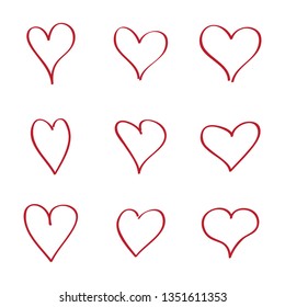 Heart hand drawn icons set isolated on white background. Red hearts hand drawn for love symbol, wallpaper and Valentine's day. Collection of hearts, creative art, modern concept. Vector illustration