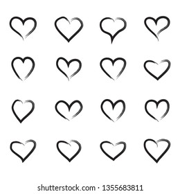 Heart hand drawn icons set isolated on white background. Black hearts hand drawn for love symbol and Valentine's day. Collection of brush stroke hearts. Creative art, modern design concept, vector