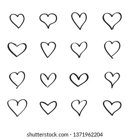 Heart hand drawn icons set isolated on white background. Black hearts hand drawn for love symbol, wallpaper and Valentine's day. Collection of hearts, creative art, modern concept. Vector illustration