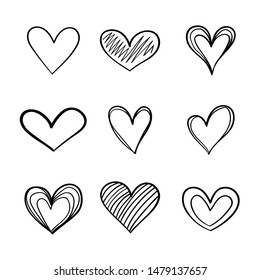 Heart hand drawn icons set isolated on white background. For poster, wallpaper and Valentine's day. Collection of hearts, creative art.