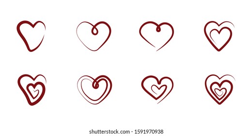 Heart hand drawn icons set isolated on white background. Hearts for web site, poster, placard, wallpaper and Valentine's day. Love symbol collection. Vector illustration